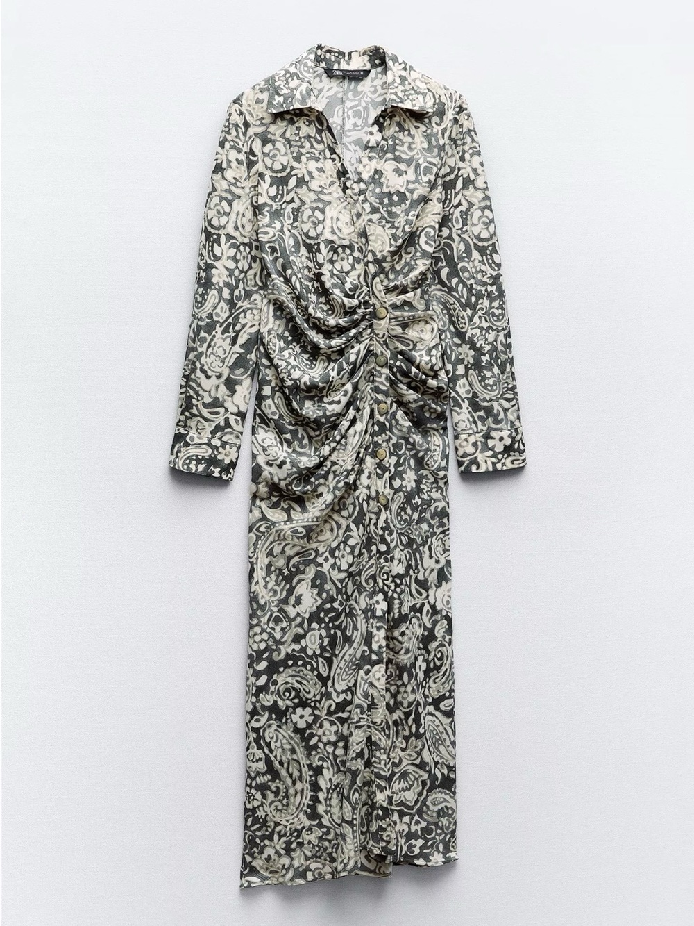 Long Sleeve Ruched Paisley Maxi Dress - Green & White